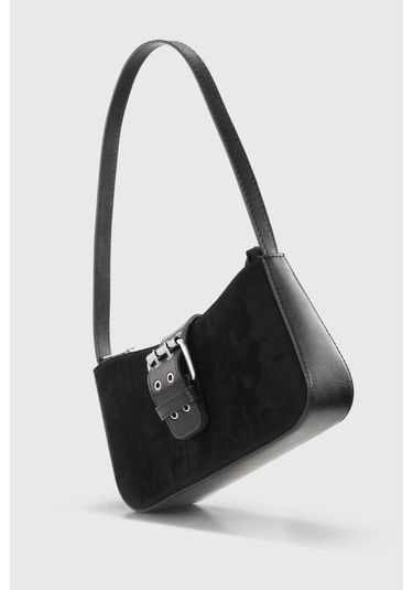 Süet Siyah Tokalı Omuz Çantası 268 Süet Siyah