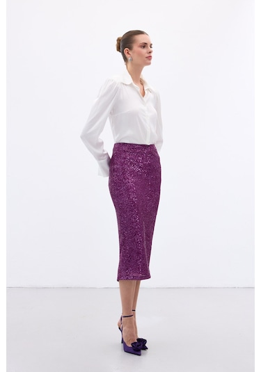 Sateen Payet Detaylı Kalem Etek - Mürdüm-136656 Mürdüm