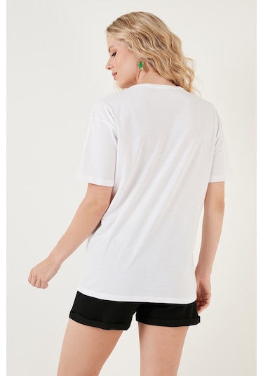 Lela Baskılı Pamuklu Oversize Bisiklet Yaka Bayan T Shirt 541Happiness Beyaz