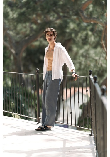 Fyfaha Bol Paça İndigo Erkek Keten Pantolon İndigo