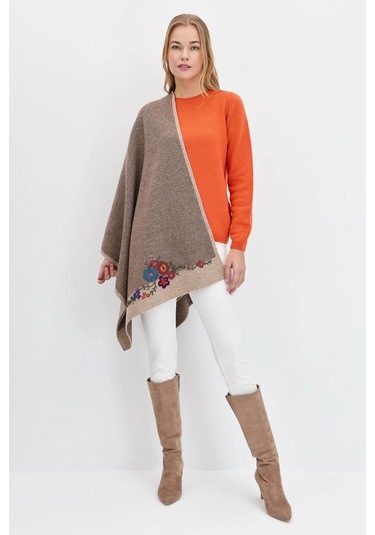 Desen Triko Kadın Çiçek İşlemeli Triko Şal 23154 K. Bej K. Bej Koyu Bej