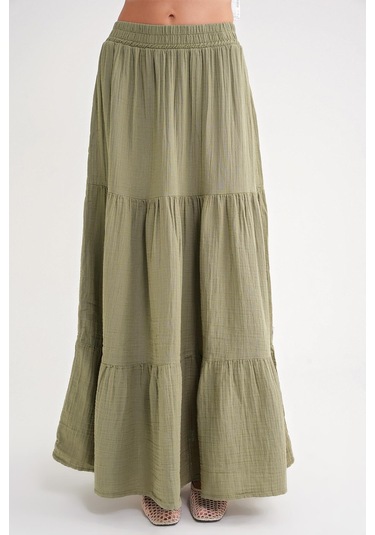 4567 Kadın Fırfırlı Uzun Müslin Etek Çağla Çağla Yeşili