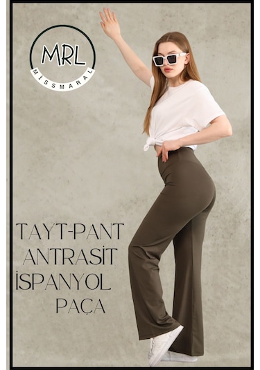 Kadın Yüksek Bel Toparlayıcı Tayt Pantolon Ispanyol Paça Likralı Esnek Dalgıç Kumaş Haki 1040 Haki