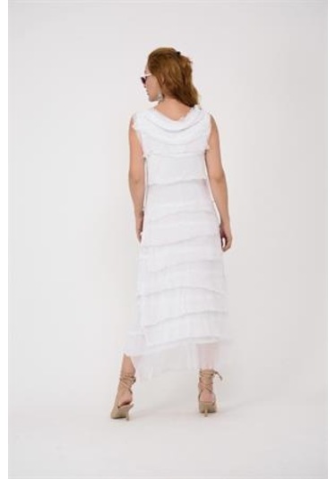 Italyan 2 Beden İnce Gösteren Kat Kat Kolsuz Ipek Elbise-8769 Beyaz