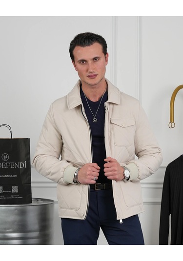Modefendi Slim Fit Baklava Desen Torba Cep Dolum Elyaf Mont Krem