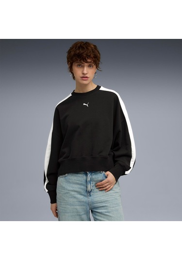 Puma T7 Over Oversized Crew Kadın Siyah Yuvarlak Yaka Sweatshirt Siyah