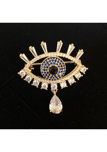 Broş Kadın Zirkon Taşlı Nazar Göz Broş Gözyaşı Yaka İğnesi Gold