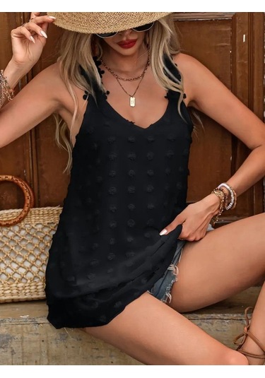 Munn Collection Kadın Dantel Askılı V Yakalı Sırtı Çapraz Detaylı Ponpon Bluz Siyah