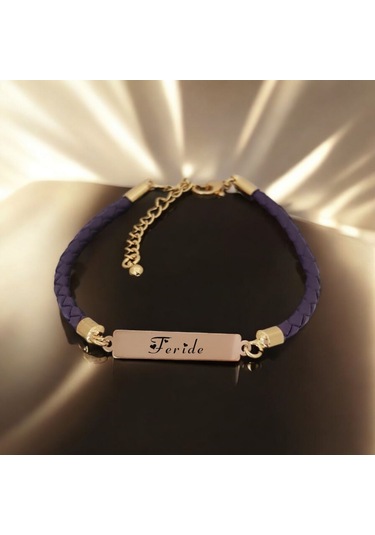 Archin Feride İsmine Özel Dikdörtgen Motifli Mor Derili 14 Ayar Altın Plakalı Hediye Bileklik-412isim Feride