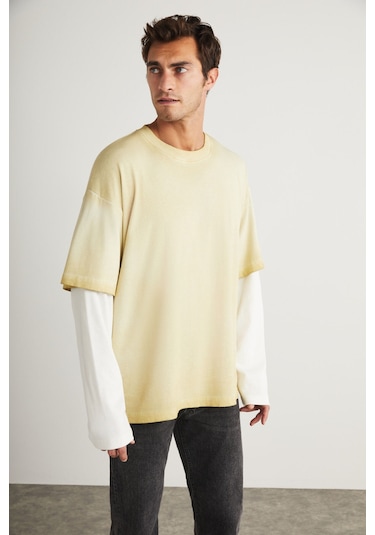 Deny Erkek Uzun Kol Detaylı Oversize Fit Bol Kesim Bisiklet Yaka %100 Organik Pamuk Açık Bej T-shirt