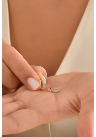 Moom Mücevherat Kadın 14 Ayar Altın Küpe Minimalist Zirkon Taşlı Modern Halka Altın Küpe 12 Mm-Mm20033