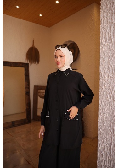 Kadın Tesettür Eşofman & Takımı, Alt Üst Uzun Takım Düğmeli Gömlek Pantolon 504 Siyah