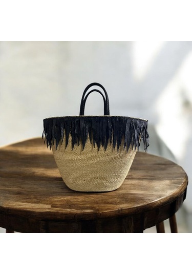 Hasır Çanta, Plaj Çantası, Tasarım Çanta, Siyah Kalın Püsküllü El Çantası Kahverengi - Siyah