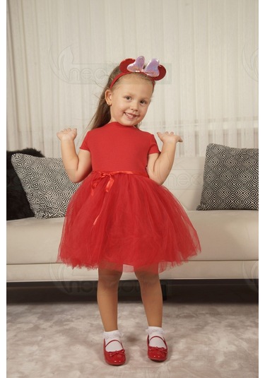 Tüllü Baskısız Düz Üst Kısım Ribana Alt Kısım Astarlı Tütü Etek Kız Çocuk Prenses Kısa Kollu Elbise Kırmızı
