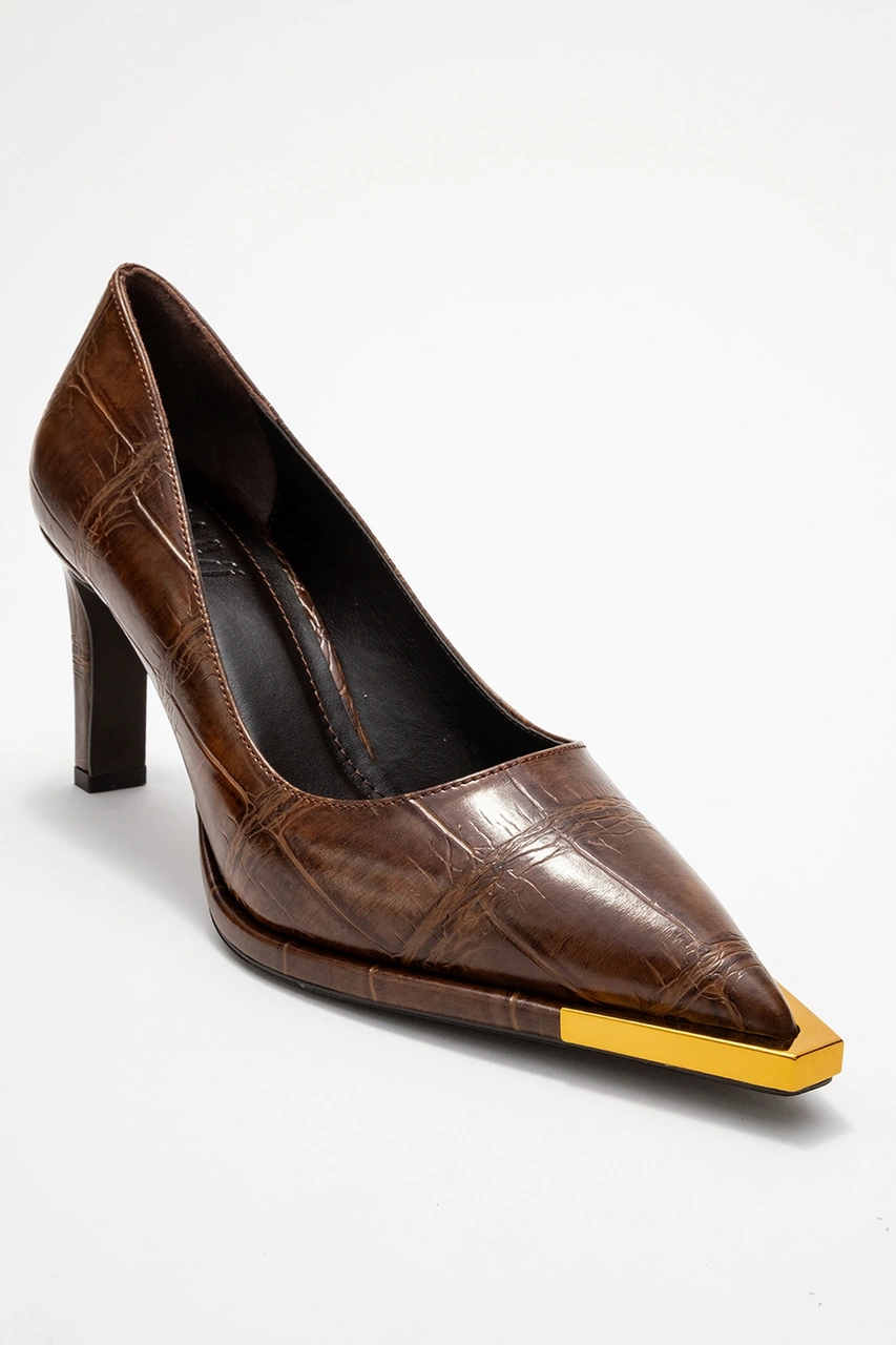 Lıora Kahverengi Baskı Altın Detaylı Kadın Blok Topuklu Topuklu Ayakkabı Kahverengi