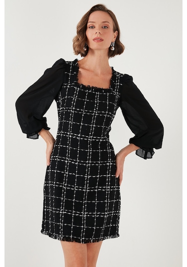 Lela Regular Fit Kare Yaka Balon Şifon Kollu Mini Bayan Elbise 611El0532 Siyah