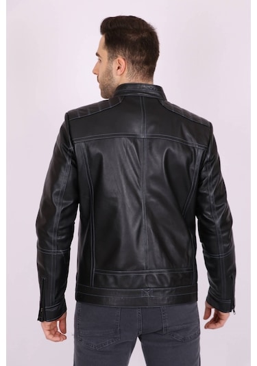 Erkek Siyah Hakiki Deri Hakim Yaka Punto Dikişli Spor Mont