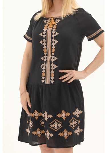 Şile Bezi Siyah Otantik Nakışlı Midi Elbise