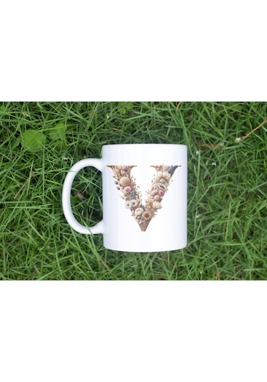 V Harfi Çiçek Desenli Kupa Bardak - Alfabe Harfleri İle Doğal Çiçekli Kupa - Hediye Fikir Beyaz