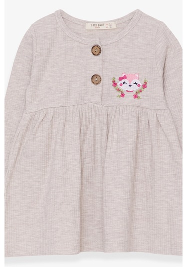 Breeze Kız Çocuk Uzun Kollu Elbise Tilkicik Nakışlı 1.5-5 Yaş, Bej Melanj