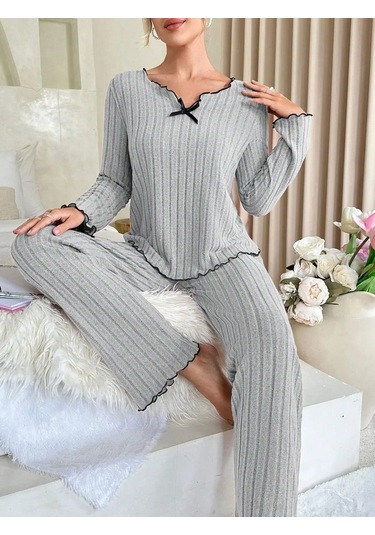 Snapbuy Kadın Nervürlü Pijama Takımı - Uzun Kollu Üst Ve Pantolon 2 Parça Rahat Ev Giyimiblack Black