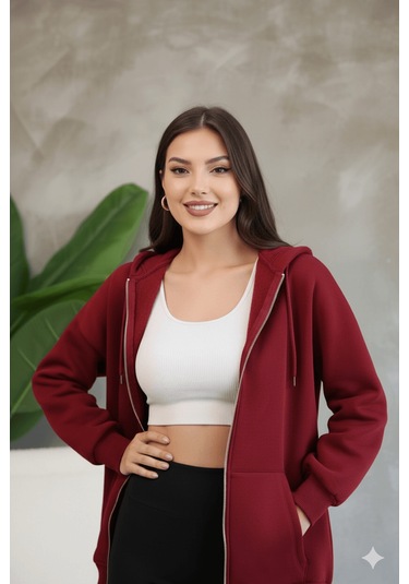 Kadın Genç Unisex Cepli Kapüşonlu Fermuarlı Sweatshirt Hırka Bordo