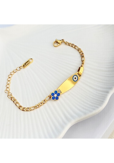 Bebek Bileklik Bebek Hediyelik Künye Mavi Çiçek 316l Paslanmaz Çe Gold