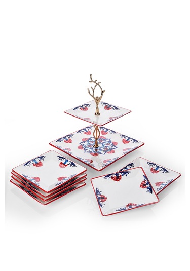 Piatti Naturali İkram Seti Çini Çift Katlı Sunum Tabağı & 6 Lı Tatlı Tabağı