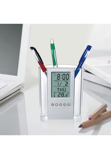 Springsun Ofis Ve Ev İçin Transparan Abs Mutfak Kalem Kutusu - Saat, Takvim, Zamanlayıcı, Termometre Ve Lcd Ekranlı Otomatik Çekmeceli Organizer Gri