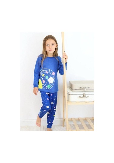 Kız Çocuk Pamuklu Gezegen Baskılı Pijama-15272 Lacivert