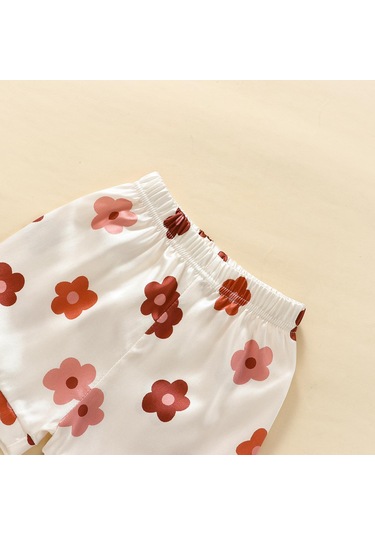 Çocuk Kız Yaz Giysileri Kıyafetler Çiçek Baskı Turn-aşağı Yaka Kısa Kollu Üstler Ve Elastik Bel Şort 2 Adet Takım Elbise Kayısı