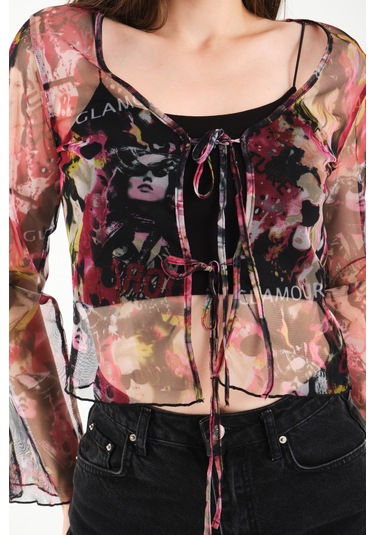 Önü Bağcıklı Tül Bluz Pembe