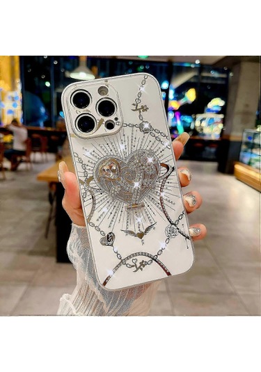 İphone Uyumlu 16 Pro Max Kılıf Kickstand Tpu+pc Rhinestones Dekor Telefon Kılıfı - Beyaz