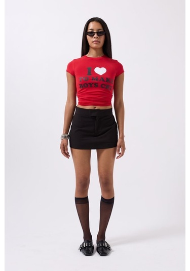 Nakış Detay Baskılı Crop T-shirt Antrasit Melanj