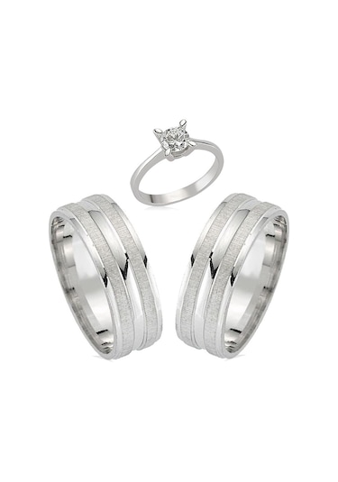 Mat Çizgili Gümüş Alyans Çifti Söz Yüzükleri Tektaş Hediye Wr42