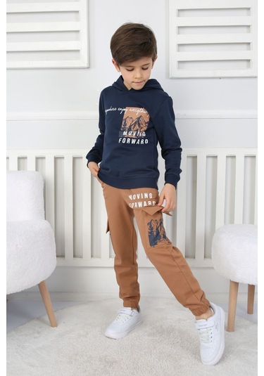 Moving Forward Kargo Cep Kapüşonlu 2 İplik Şardonlu Alt-üst Erkek Çocuk Eşofman Takımı Lacivert