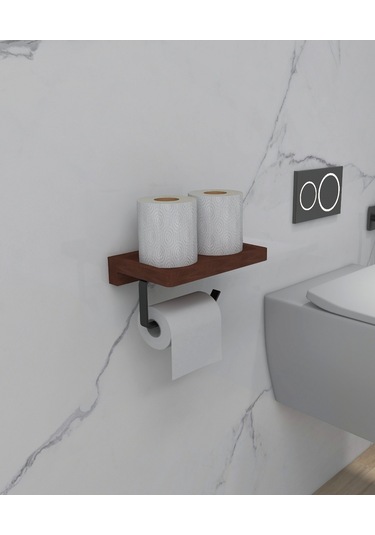 Papatya Masif Ahşap Raflı Tuvalet Kağıtlık, Metal Duvar Tipi Askı Siyah