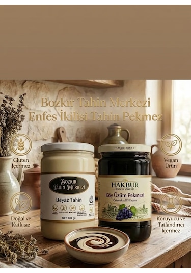 Bozkır Tahin Merkezi Enfes İkili Beyaz Tahin 600 Gr - Köy Üzüm Pekmezi 800 Gr Doğal&katkısız