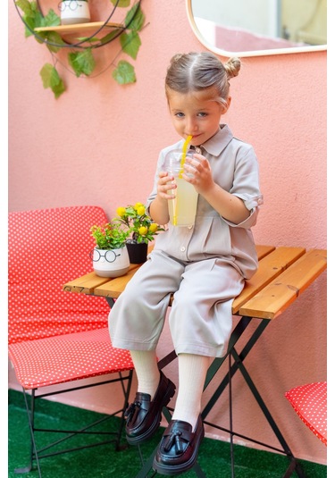 Oliventhekid Yakalı Pileli Kız Çocuk Tulum Bej Bej