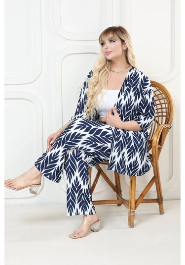 Desenli Kimono Hırkalı 2li Alt Üst Takım Bürümcük Kumaş Yazlık 2xl-6xl Oversize Lacivert