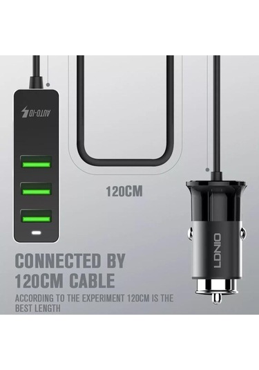 Ldnıo 4 Portlu Fast Qc3.0+2.4a+3.1a Usb Araç Şarj Cihazı Mpv Araç Telefonu İçin 120cm Uzatma Kablosu İle Evrensel Usb Hızlı Adaptör -