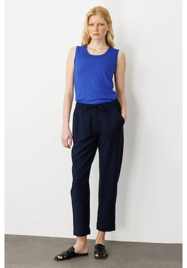 Desen Triko Kadın Beli Lastikli Keten Pantolon 25877 Lacivert Lacivert
