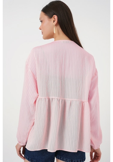 Kadın Önü Bağcıklı Uzun Kol Bluz 946 - Pembe Pembe
