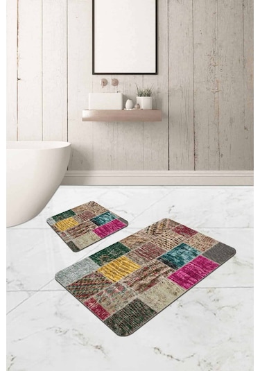 Renkli Patchwork Banyo Halısı Klozet 2'li Paspas Seti Bs294 Çok Renkli