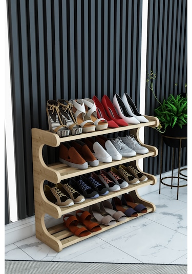 Selvi- Safir Meşe -4 Raflı Ahşap Ayakkabılık -çok Amaçlı Dekoratif Raf, Organizer Safirmeşe