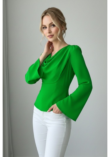 Khi-zai Kadın Degaje Yaka Şehirli Stil Bluz Yeşil