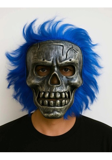 Wild Skull - Gümüş Kafatası Mavi Saçlı İskelet Maske Renkli
