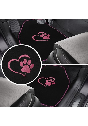 Sevgili Köpek Pati Desenli Pembe Nakışlı Araç Halı Paspas Seti Şık Ve Sevimli Oto Paspas Aksesuar