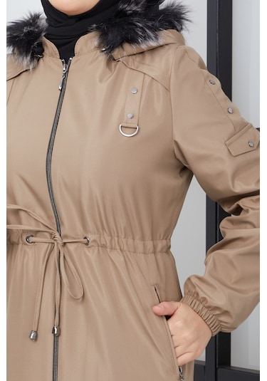 adın Içi  Kürklü Astar Altı Elyaf Belden Büzgülü Uzun Pardesü Açık Bej