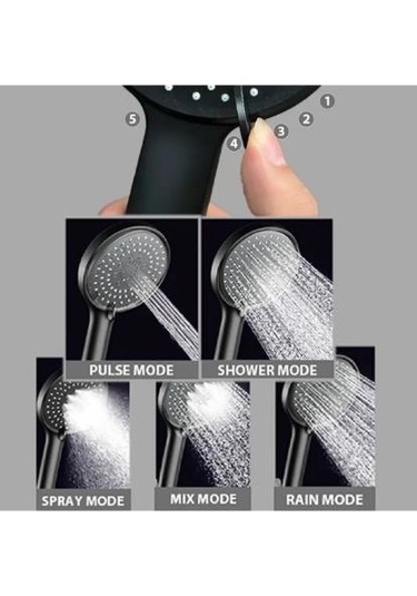 Duş Başlığı Yüksek Tazyikli Tasarruflu Banyo El Ayak Duşu Siyah Ultra Lüks 5 Fonksiyonlu Ayarlanabilir Dayanıklı Çok Renkli